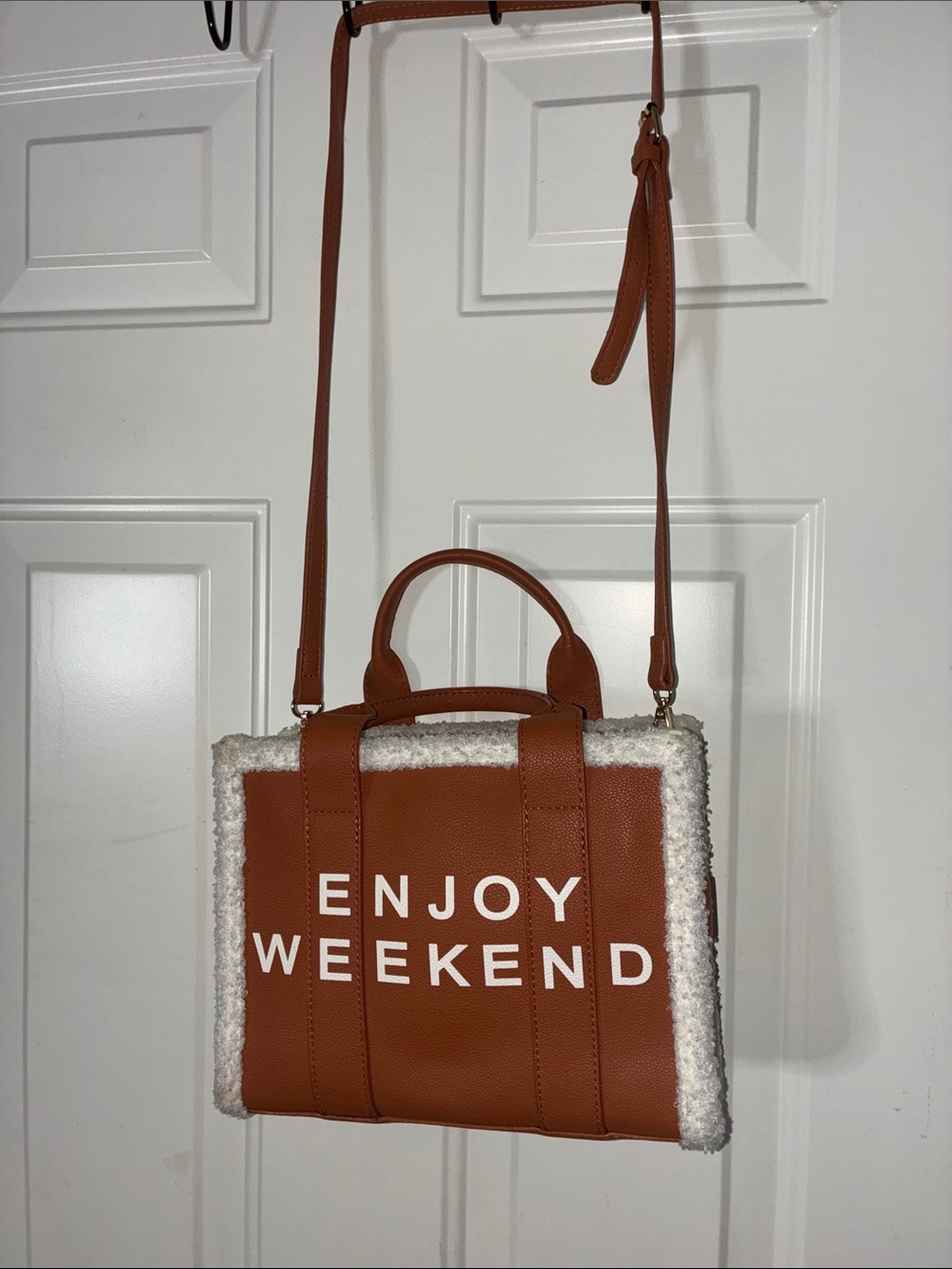 Enjoy Weekend Tan Faux-Leather Tote with Shearling Trim